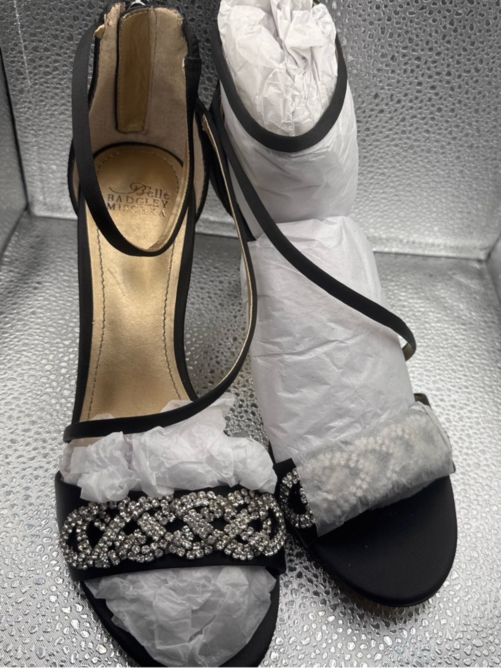 Badgley Mischka Black Crystal-Braided Strappy Sandals